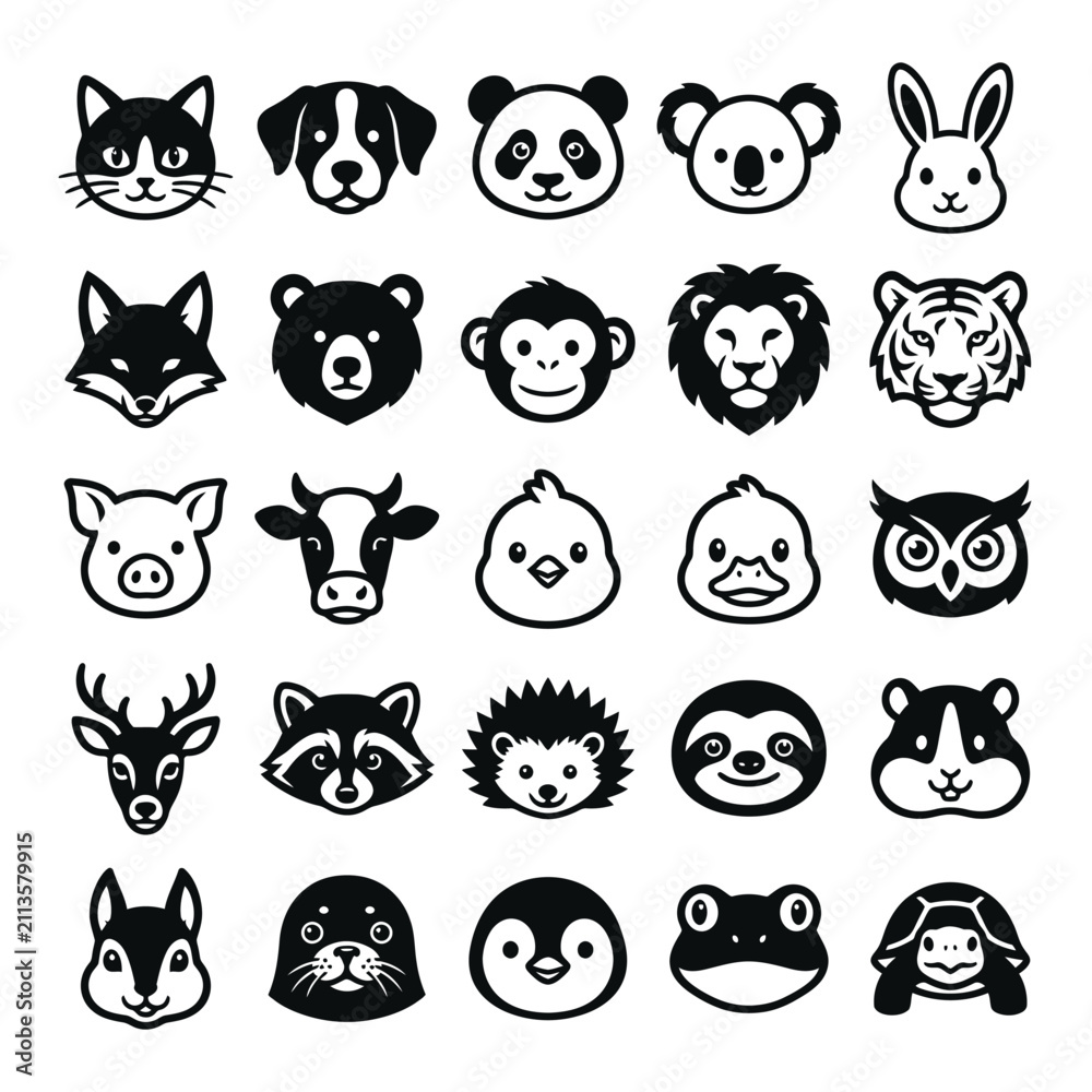 Obraz premium Black and white animal head silhouettes collection on a white background vector illustration