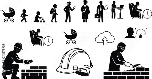 Принти на полотні A collection of black silhouette icons representing human life stages from infan