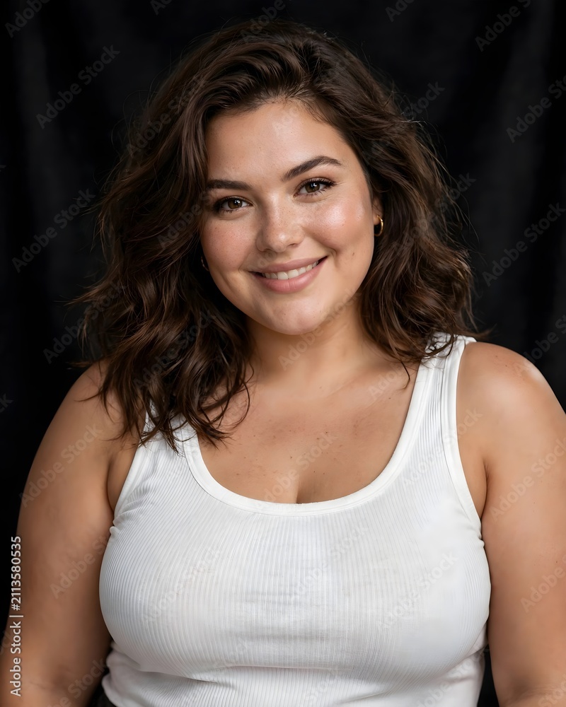 Fototapeta premium Cute beautiful plus size woman in ribbed sleeveless white tank top cute smiling, black background studio photography 