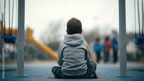 Solitary child sits on playground, looking away from activity