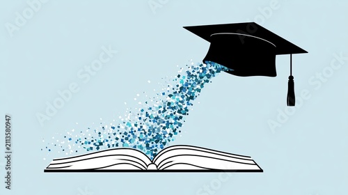 Open book erupts into a graduation cap with swirling particles on blue background