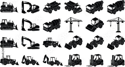 Canvastavla Set of heavy construction equipment silhouettes with excavator crane forklift an