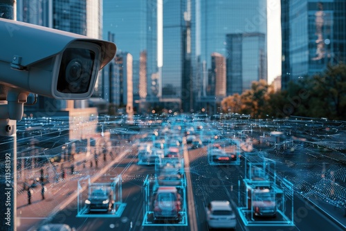 Futuristic surveillance camera monitors traffic flow in a smart city
