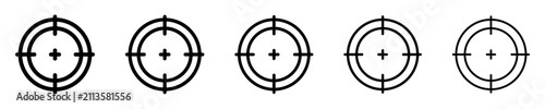 Crosshair and aim outline icon set with variable line thickness. Black line sniper scope target, accuracy, focus, gaming hud and targeting concept.