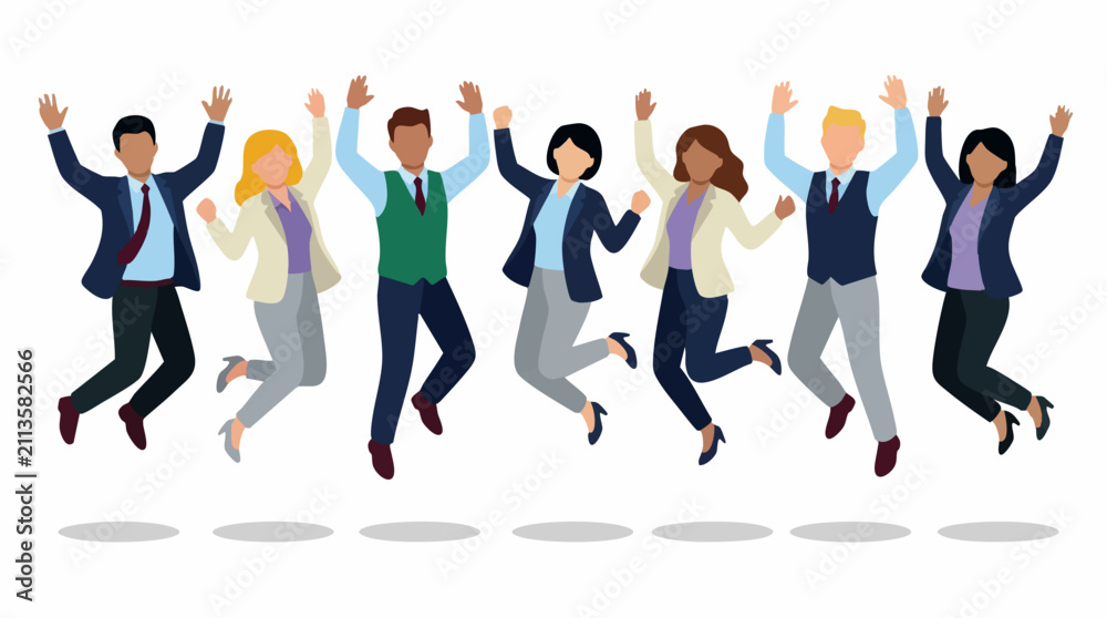 Obraz premium Excited diverse business team jumping, celebrating success and achievement