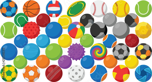 Colorful Sports and Toy Ball Vector Collection Featuring Soccer Basketball Baseball Tennis Beach Balls Exercise Spheres and Textured Play Elements for Recreational Designs