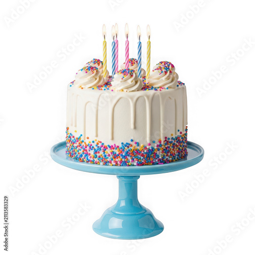 Celebration birthday cake with colorful candles on transparent background art.