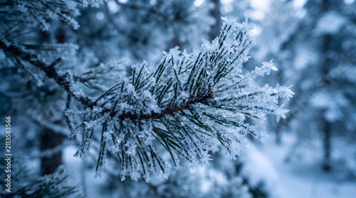 Close up of a pine tree branch covered in fresh white frost during a cold winter day.