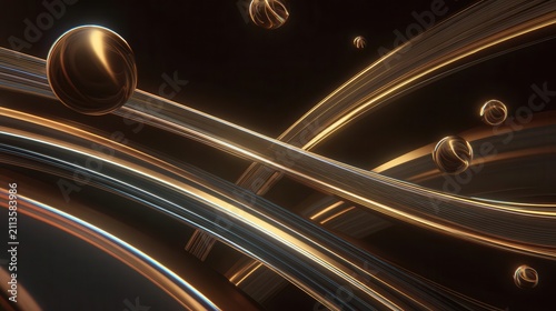 Elegant 3D Golden Spheres and Flowing Lines Abstract