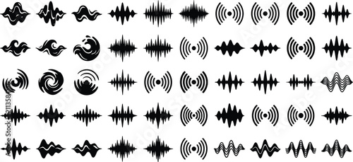 Foto Set of sound waves audio signals and radio frequencies black vector icons