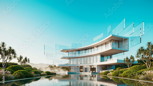 Modern curved house with floating glass panels and pool