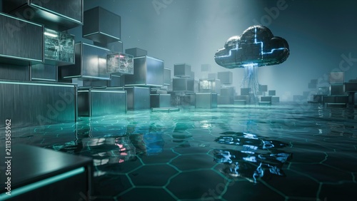 Obraz na płótnie Cloud computing network floats above a reflective floor filled with metallic cubic server modules.