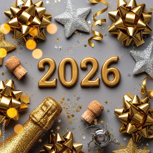 Embrace the Dazzling Promise of 2026 A Festive Arrangement of Golden Celebratory Elements, Sparkling Stars, and Champagne Accents for a Joyous New Beginning