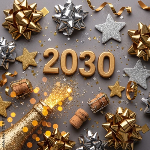Happy New Year 2030 Celebration Background with Golden Numbers Champagne Bottle Bows and Stars