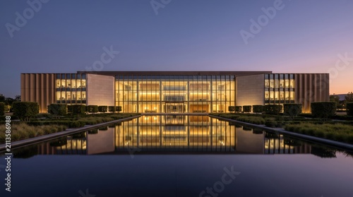 Corporate headquarters at dusk reflecting in water with warm illuminated interiors
