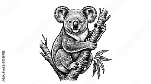 Canvas Print Engraved koala climbing on a leafy eucalyptus branch.