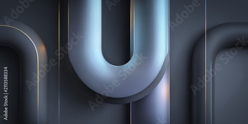 Modern minimal u-shaped metallic pipe architectural abstract frame with subtle blue light and gold edge glow for luxury tech background