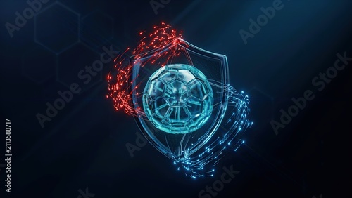 Shield symbol protects a geometric sphere while red and blue digital particles swirl around the secure circular object.
