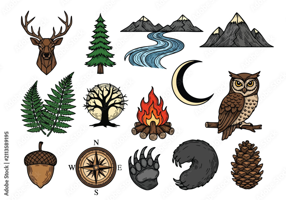 Fototapeta premium Set of hand drawn wilderness adventure icons