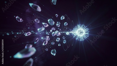 Sphere emits a bright blue light pulse while scattering smaller fragments into the surrounding dark void space.