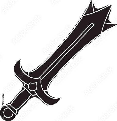 Stylized medieval sword icon silhouette on checkered background.