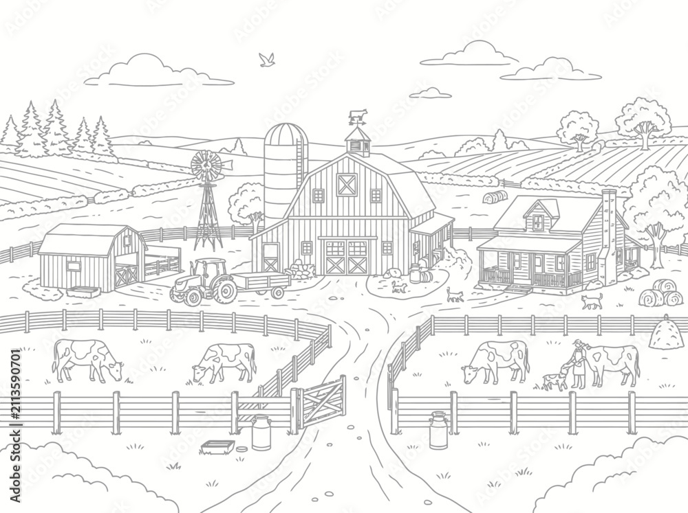 Fototapeta premium Rural farm landscape with barn silo tractor and grazing cows line art