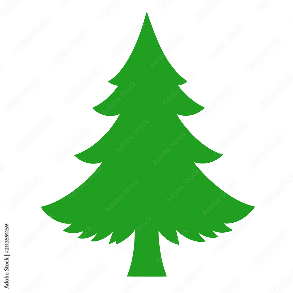 Obraz premium Green evergreen pine tree icon with layered branches and a clean symmetrical silhouette isolated on white background, simple vector illustration for Christmas, winter, nature, forest, holiday 