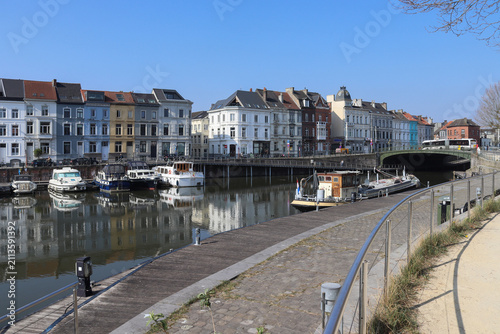 View of the Portus Ganda in the Dampoort area of Ghent in East Flanders, Belgium. Dampoort is an urban residential area know for it's coloful buildings.