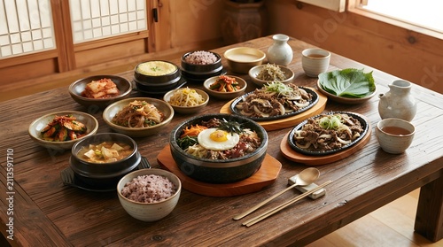 Beautiful traditional Korean meal served on a wooden table beside a sunlit shoji-style window, featuring rice, soups, vegetable side dishes and hearty shared bowls in a serene Asian home dining settin
