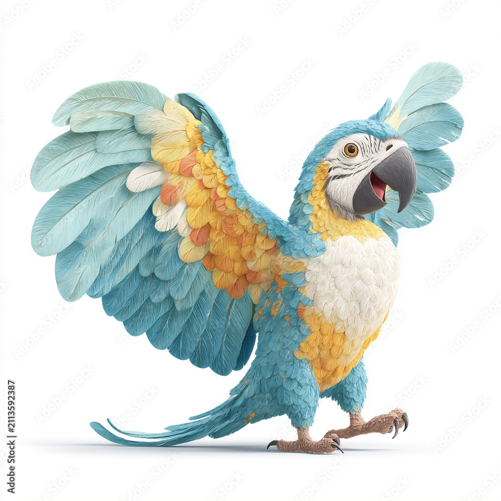 Fototapeta premium Colorful macaw parrot character with open wings walking isolated on white background