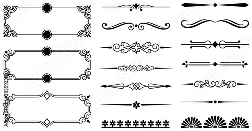 Calligraphic text dividers and elegant black frame borders for classic publication layouts.