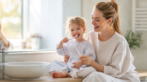 Mother smiles while brushing her child's teeth