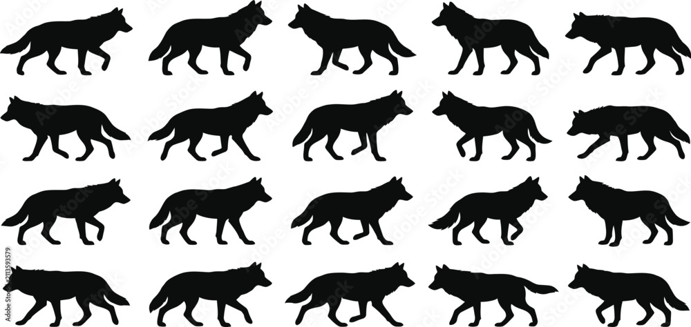 Obraz premium walking wolf silhouette set, wild predator vector shapes, side view prowling animal icons, wilderness fauna collection for logo design artwork