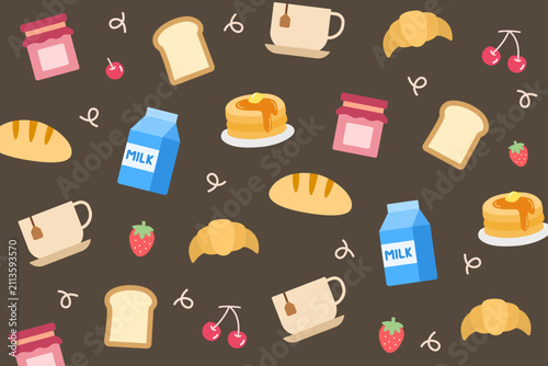 Breakfast seamless pattern. Bread, croissant, fruit, fried egg, drinks, milk and pancake on dark brown background. Warm café breakfast style. Seamless vector pattern.