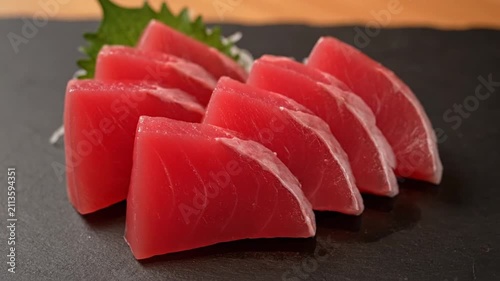 Fresh Tuna Sashimi Slices on Dark Slate Plate, Japanese Cuisine