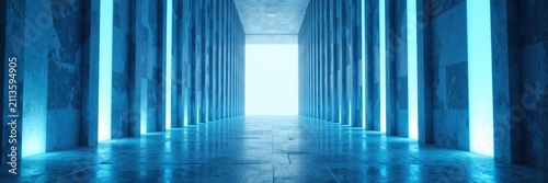 Electric blue backlit columns line a futuristic stone corridor. Concept of architecture visualization, event stage backgrounds, product presentation backdrops, and fashion campaign sets.