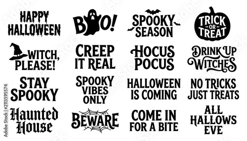 Foto Halloween Phrases with Spooky Designs and Icons Featuring Witch, Ghost, Bat with