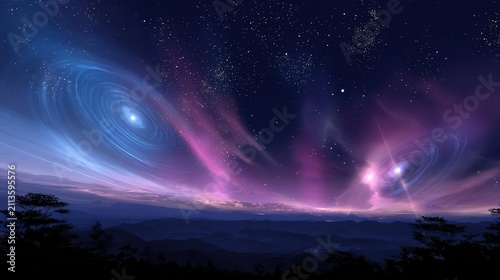 Vibrant Galaxy Swirls and Starry Night Sky Landscape