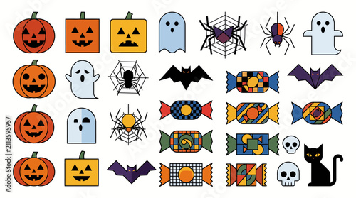 Obraz na płótnie Set of cute halloween stickers featuring pumpkins ghosts bats spiders candy skul