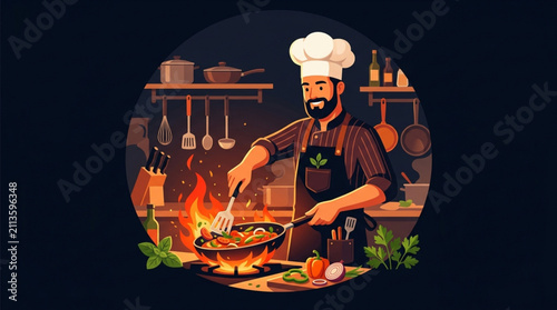 Foto Vector illustration of a bearded male chef in apron and hat cooking food with hi