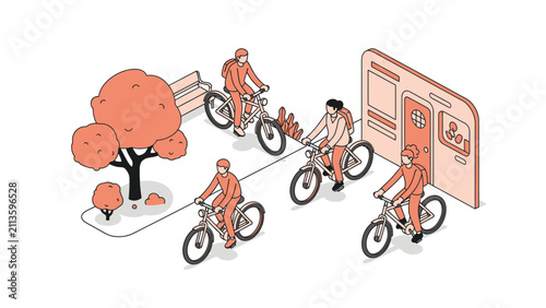 Isometric People Cycling in Urban Park, Sustainable Transportation Illustration