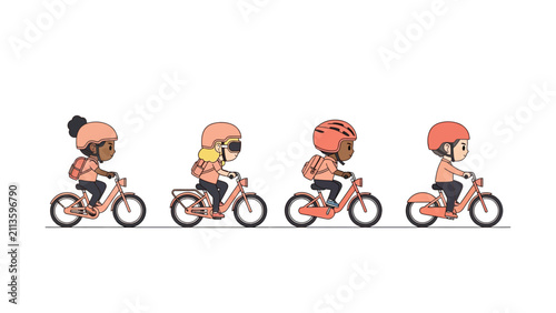Diverse Children Riding Bicycles with Safety Helmets and Backpacks Minimalist Cartoon Illustration