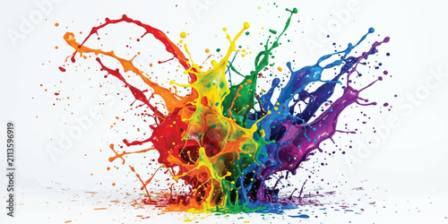 Explosive rainbow pigment burst with expressive splashes on a clean canvas.