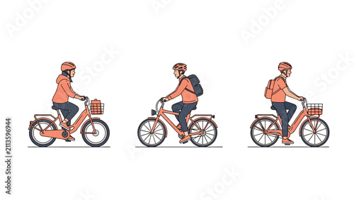 Set of flat vector characters riding orange bicycles for urban commuting and sustainable transport