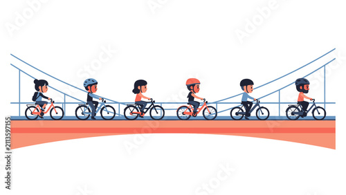 Diverse people riding bicycles on a bridge with wind turbines background, representing sustainable urban transport and green energy.