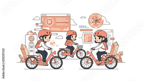 Kawaii Characters Riding Bicycles with Futuristic Aura UI Interface and Phygital Tech Illustration