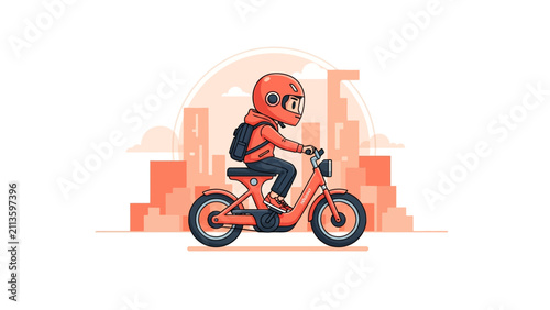 Courier riding red electric bike in urban city. Flat cartoon illustration of delivery boy with backpack and helmet commuting on e-bike.