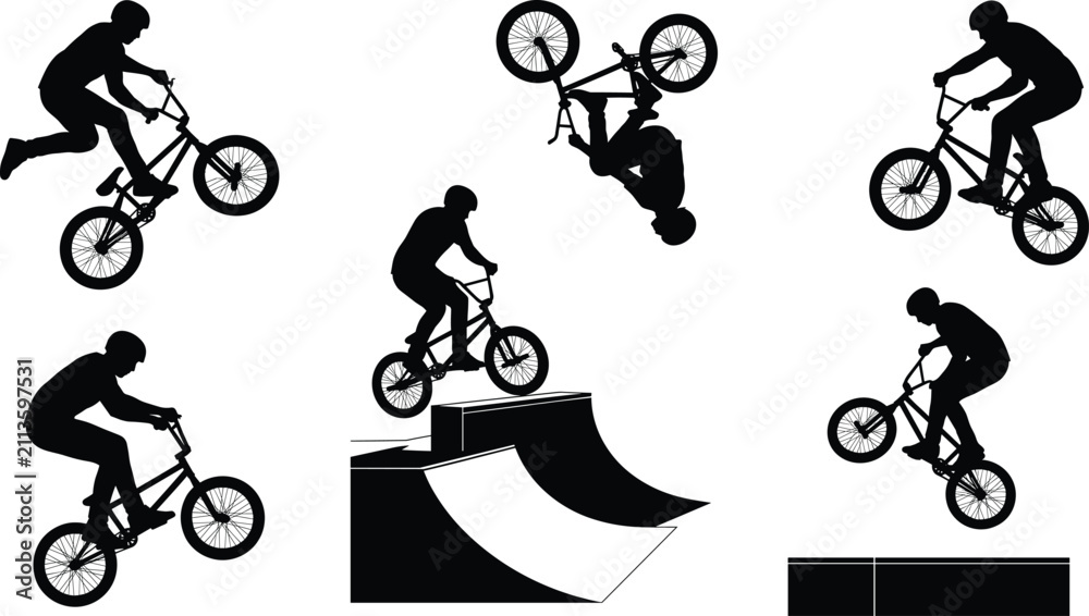 Fototapeta premium Freestyle BMX cyclists performing tricks and jumps on ramps black silhouettes set isolated on white background