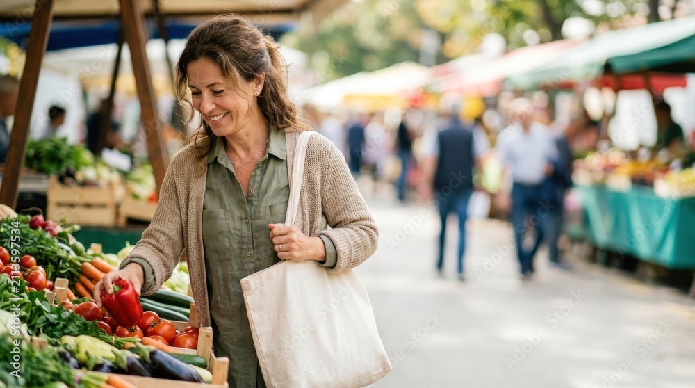 Fototapeta premium Woman selecting fresh vegetables at outdoor farmers market