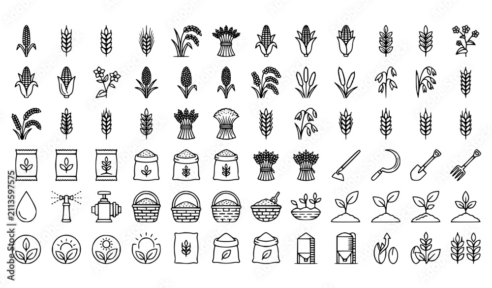 Obraz premium Agriculture and Cereal Grain Outline Icon Collection with Editable Stroke Vector